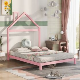 Full Size Wood Platform Bed with House-shaped Headboard (Color: Pink)