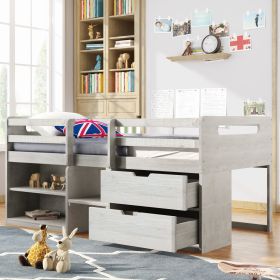 Twin size Loft Bed with Two Shelves and Two drawers (Color: Antique White)