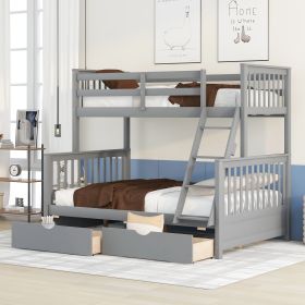 Twin-Over-Full Bunk Bed with Ladders and Two Storage Drawers (Color: Gray)