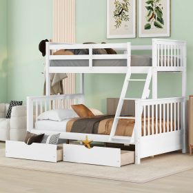 Twin-Over-Full Bunk Bed with Ladders and Two Storage Drawers (Color: White)