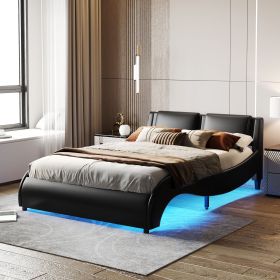 Queen Size Upholstered Faux Leather Platform Bed with LED Light Bed Frame with Slatted (Color: Black)