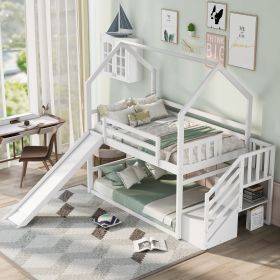 Twin over Twin House Bunk Bed with Convertible Slide; Storage Staircase (Color: White)