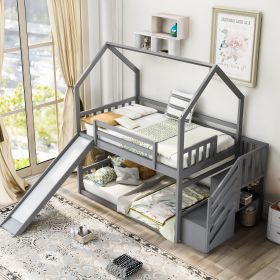 Twin over Twin House Bunk Bed with Convertible Slide; Storage Staircase (Color: Gray)