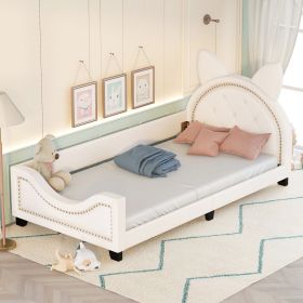 Twin Size Upholstered Daybed with Carton Ears Shaped Headboard (Color: White)