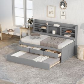 Twin Size Wooden Captain Bed with Built-in Bookshelves; Three Storage Drawers and Trundle (Color: Grey)