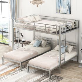 Full over Twin&Twin Size Bunk Metal Bed with Built-in Shelf (Color: Silver)