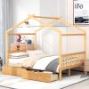 Full Size House Platform Bed with Two Drawers; Headboard and Footboard; Roof Design