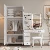 Makeup Vanity Table and Large Armoire Wardrobe Set, Dressing Table with LED Mirror and Power Outlets and 5 Drawers, 4 Door Bedroom Closet, White