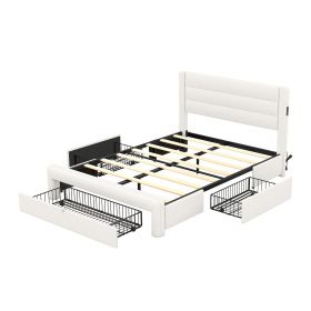 Queen Size Bed Frame with Drawer Storage, Leather Upholstered Platform Bed with Charging Station (Color: White)