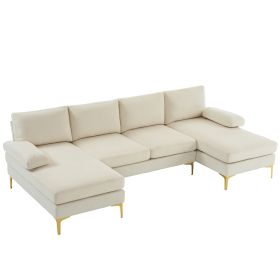 280*130*85 U-Shaped 4-Seat Linen Seat Frame Wooden Frame Back Iron Frame Golden Feet Indoor Modular Sofa Beige (Color: As shown in the figure)