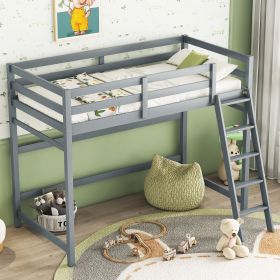 Twin Size High Loft Bed with inclined Ladder, Guardrails (Color: Grey)