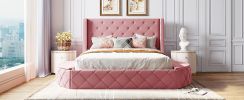 Upholstered Platform Bed Queen Size Storage Velvet Bed with Wingback Headboard and 1 Big Drawer; 2 Side Storage Stool