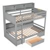 Twin Size Bunk Bed with Built-in Shelves Beside both Upper and Down Bed and Storage Drawe