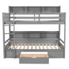 Twin Size Bunk Bed with Built-in Shelves Beside both Upper and Down Bed and Storage Drawe