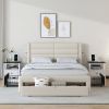 Queen Size Bed Frame with Drawer Storage, Leather Upholstered Platform Bed with Charging Station