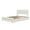 Queen Size Bed Frame with Drawer Storage, Leather Upholstered Platform Bed with Charging Station