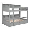 Twin Size Bunk Bed with Built-in Shelves Beside both Upper and Down Bed and Storage Drawe