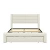 Queen Size Bed Frame with Drawer Storage, Leather Upholstered Platform Bed with Charging Station