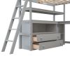 Full Size Loft Bed with Desk and Shelves; Two Built-in Drawers