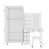 Makeup Vanity Table and Large Armoire Wardrobe Set, Dressing Table with LED Mirror and Power Outlets and 5 Drawers, 4 Door Bedroom Closet, White