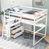 Full Size Loft Bed with Desk and Shelves; Two Built-in Drawers