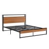 Queen Size Metal Platform Bed Frame with Sockets;  USB Ports and Slat Support ; No Box Spring Needed