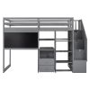 Twin Size Loft Bed with Pullable Desk and Storage Shelves; Staircase and Blackboard