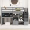 Twin Size Loft Bed with Pullable Desk and Storage Shelves; Staircase and Blackboard