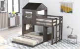 Wooden Twin Over Full Bunk Bed, Loft Bed with Playhouse, Farmhouse, Ladder and Guardrails