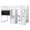 Twin Size Loft Bed with Pullable Desk and Storage Shelves; Staircase and Blackboard