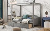 Twin Size Wooden Canopy Daybed with 3 in 1 Storage Drawers