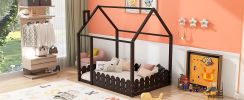 (Slats are not included) Full Size Wood Bed House Bed Frame with Fence;  for Kids;  Teens;  Girls;  Boys