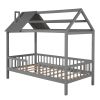 Twin Size Wood House Bed with Fence