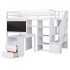 Twin Size Loft Bed with Pullable Desk and Storage Shelves; Staircase and Blackboard