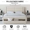 Queen Size Bed Frame with Drawer Storage, Leather Upholstered Platform Bed with Charging Station