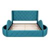 Upholstered Platform Bed Queen Size Storage Velvet Bed with Wingback Headboard and 1 Big Drawer; 2 Side Storage Stool