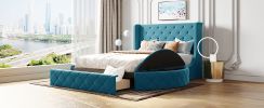 Upholstered Platform Bed Queen Size Storage Velvet Bed with Wingback Headboard and 1 Big Drawer; 2 Side Storage Stool