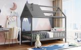 Twin Size Wood House Bed with Fence