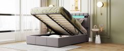 Upholstered Bed Full Size with LED light;  Bluetooth Player and USB Charging;  Hydraulic Storage Bed in Velvet Fabric