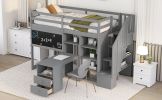 Twin Size Loft Bed with Pullable Desk and Storage Shelves; Staircase and Blackboard